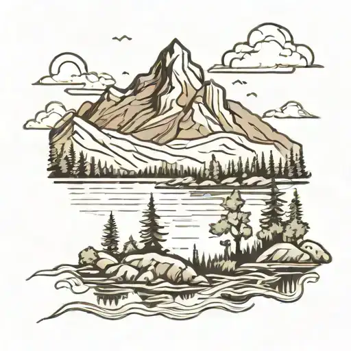 lake with mountain in background tattoo design idea