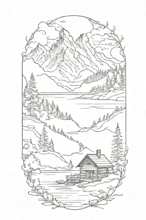 Mountain Lake Forest Cabin tattoo design idea