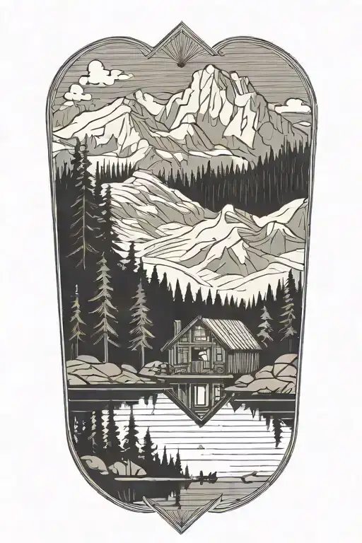Mountain lake cabin tattoo design idea