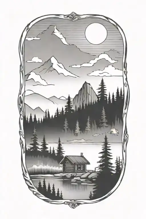 Mountain Lake Forest Cabin tattoo design idea