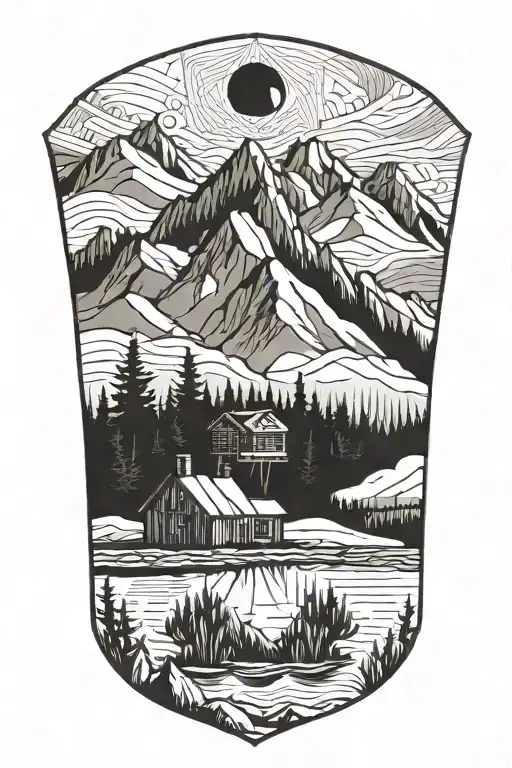 Mountain lake cabin tattoo design idea