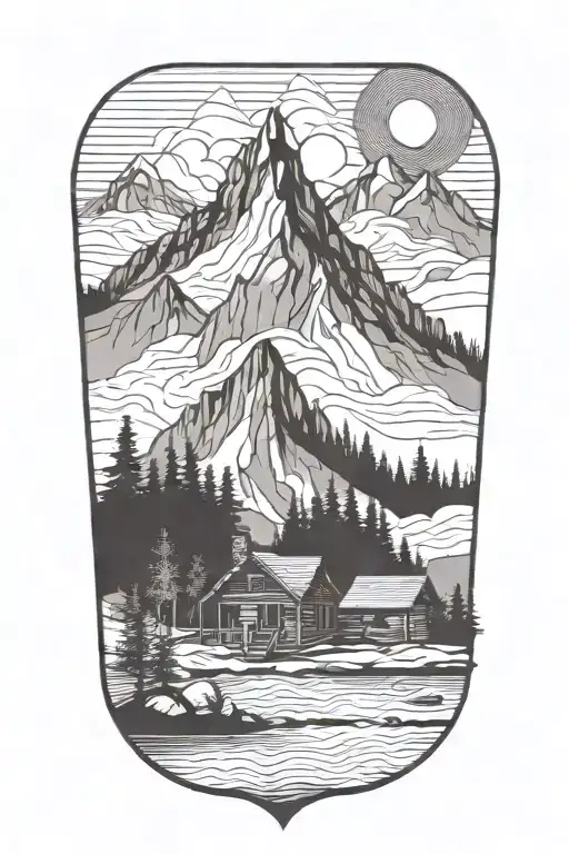 Mountain lake cabin tattoo design idea