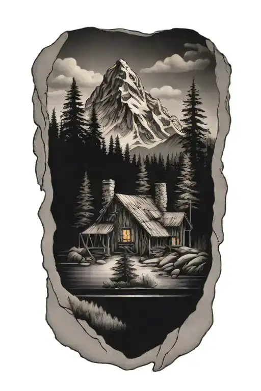 Mountain Lake Forest Cabin tattoo design idea