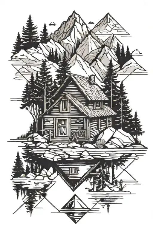 Mountain lake small cabin tattoo design idea