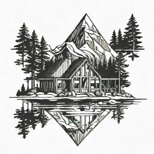 Mountain lake cabin tattoo design idea