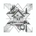 Mountain lake cabin tattoo design idea