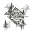 Mountain lake cabin tattoo design idea