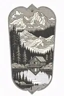 Mountain lake cabin tattoo design idea