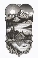 Mountain lake cabin tattoo design idea