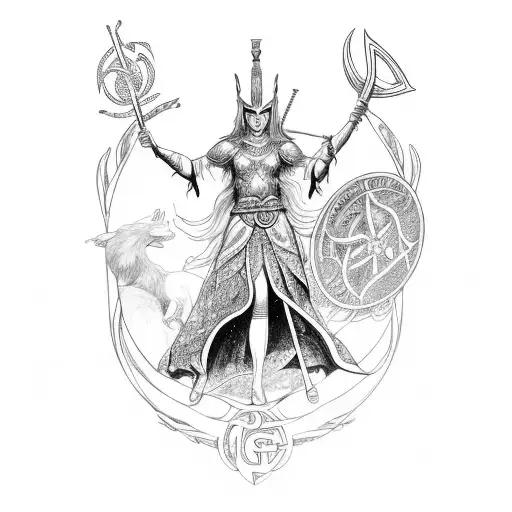 god freya, beautyful, norse mythology, background yggdrasil, door of valhalla tattoo design idea