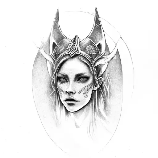 God Freya, face, beautyful, nordic, valhalla, Hildisvini, yggdrasil  tattoo design idea