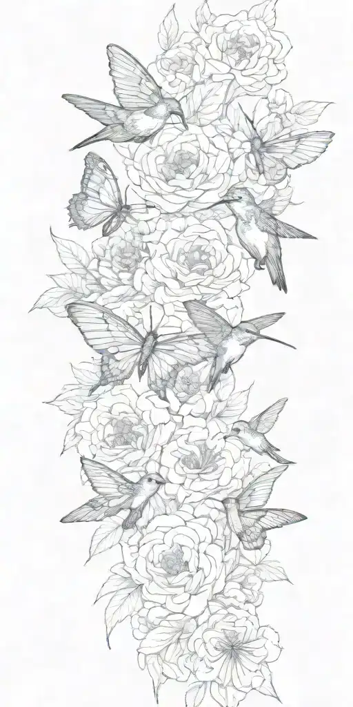 July, September, December birth flowers intertwined with butterflies and hummingbirds intertwined and interacting   tattoo design idea