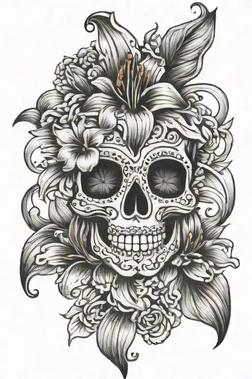 sugar skull with tiger lily flower tattoo design idea