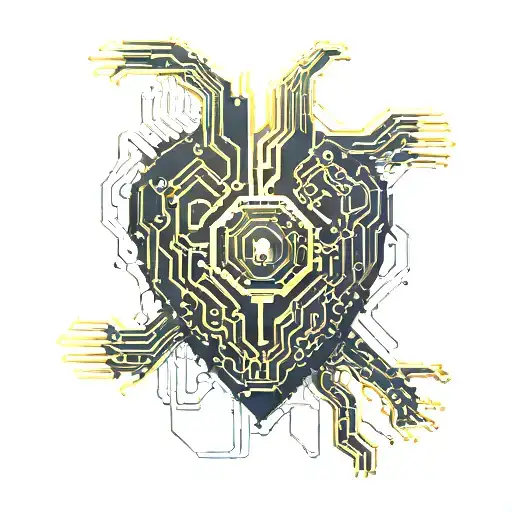black and gold circuit board connected by wires to a realistic human heart blood tattoo design idea