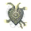 black and gold circuit board connected by wires to a realistic human heart blood tattoo design idea