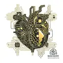 black and gold circuit board connected by wires to a realistic human heart blood tattoo design idea