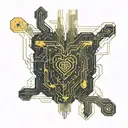 black and gold circuit board connected by wires to a realistic human heart blood tattoo design idea