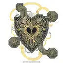 black and gold circuit board connected by wires to a realistic human heart blood tattoo design idea