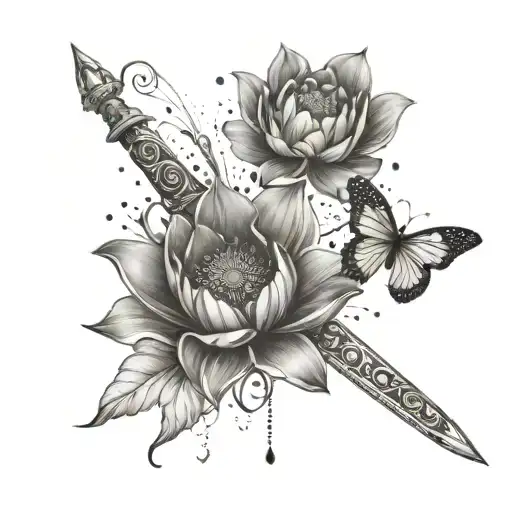 A lotus flower blooming from the hilt of a sword, with silver butterflies fluttering around it tattoo design idea