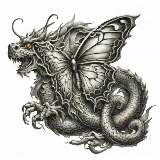 A silver butterfly morphing into a dragon, symbolizing strength and transformation in Chinese culture tattoo design idea