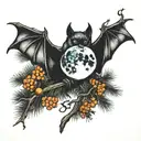 pine trees moon bat flying tattoo design idea