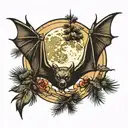 pine trees moon bat flying tattoo design idea