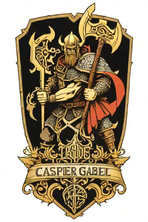 text banner with the names Casper and Gabriel, strong viking with a tower shield and battleaxe guarding tattoo design idea