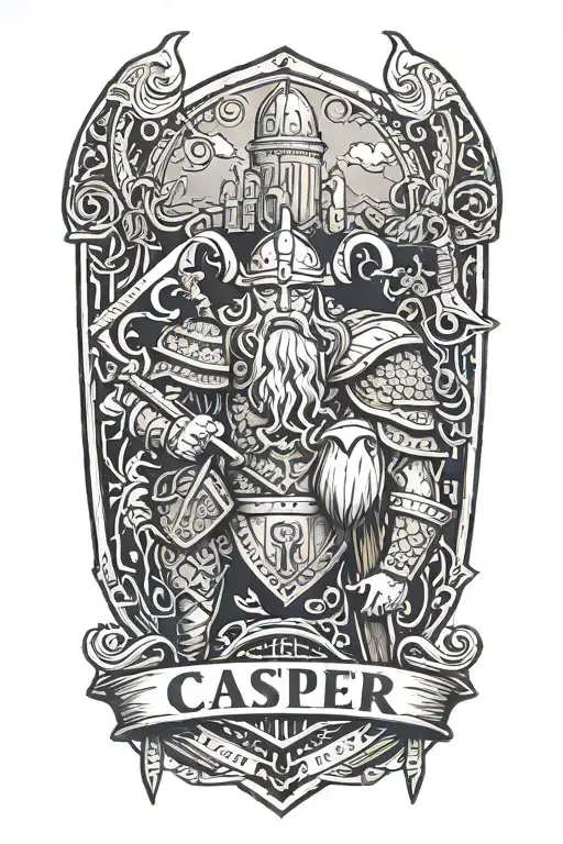 text banner with the names Casper and Gabriel, strong viking with a tower shield and battleaxe guarding tattoo design idea