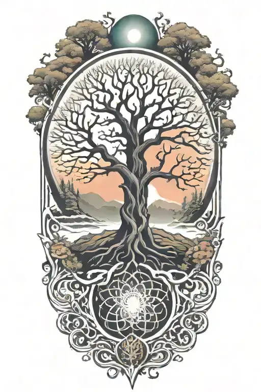 Trippy Tattoo Design Incorporating yggdrasil tree silhouette tattoo design idea