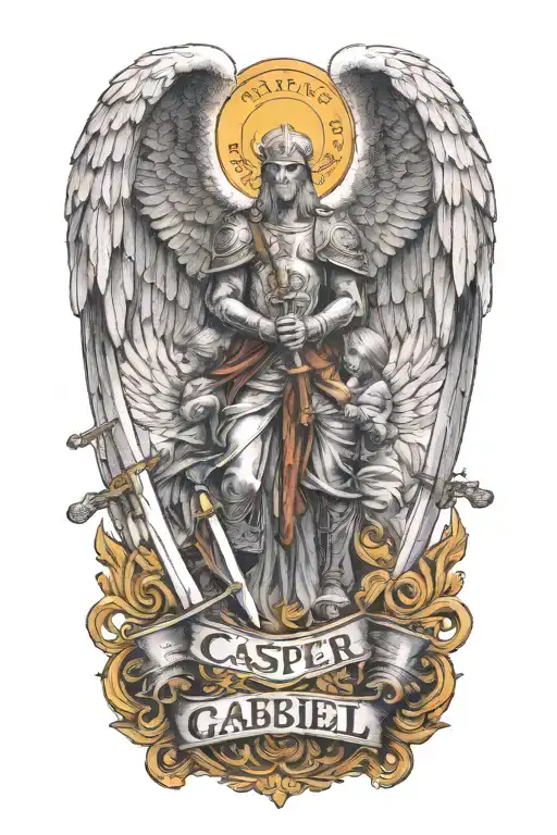 text banner with the names Casper and Gabriel, guardian angel with large wings holding a large sword with two hands tattoo design idea