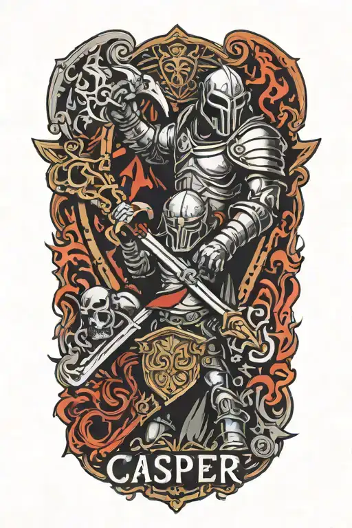 text banner with the names Casper and Gabriel, strong titan with a tower shield and battleaxe guarding tattoo design idea