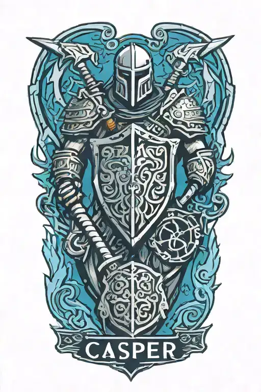 text banner with the names Casper and Gabriel, strong titan with a tower shield and battleaxe guarding tattoo design idea