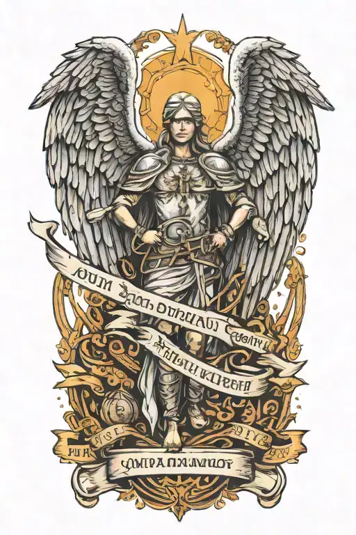 guardian angel with large wings that has arrows shot into them kneeling over two text banners with the names in them  tattoo design idea