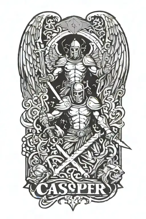 text Casper and Gabriel, guardian angel with shield and sword looming above tattoo design idea