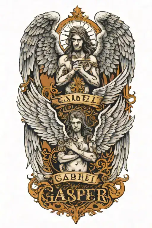 text banner with the names Casper and Gabriel, guardian angel with large wings tattoo design idea
