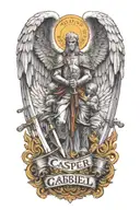 text banner with the names Casper and Gabriel, guardian angel with large wings holding a large sword with two hands tattoo design idea