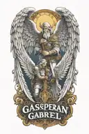 text banner with the names Casper and Gabriel, guardian angel with large wings holding a large sword with two hands tattoo design idea