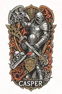 text banner with the names Casper and Gabriel, strong titan with a tower shield and battleaxe guarding tattoo design idea