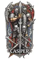 text banner with the names Casper and Gabriel, strong titan with a tower shield and battleaxe guarding tattoo design idea