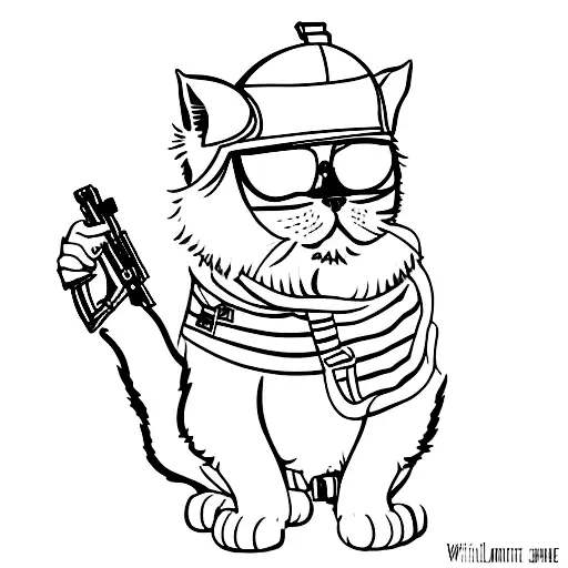 A Persian cat dressed in a World War 2 pilot uniform, holding an airsoft gun. tattoo design idea
