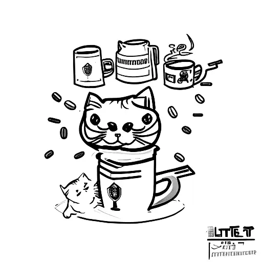 A Persian cat sitting on top of a tank, holding a coffee mug and playing Counter Strike on a laptop. tattoo design idea