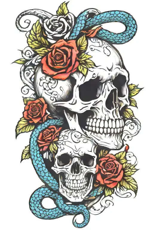 Skull, Roses, and Snake tattoo design idea