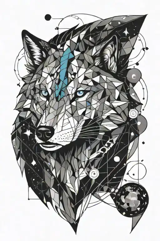 Blue eyed wolf with stars and planets tattoo design idea