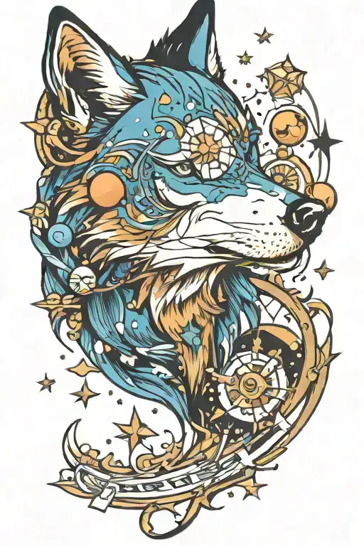 Blue eyed wolf with stars and planets tattoo design idea