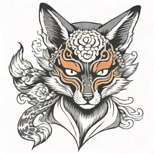 a entire fox from japanese folklore with his kitsune mask on the side of his head tattoo design idea