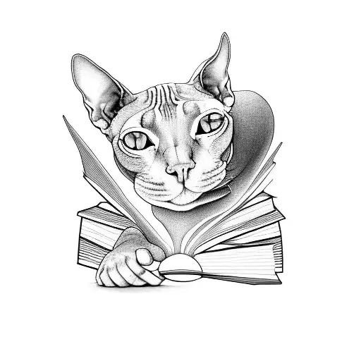 A sphynx cat sitting on a pile of books, looking wise and mysterious, with a background of swirling lines representing knowledge tattoo design idea