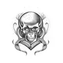 A tattoo design featuring a stack of books with intricate details and a mysterious skull hidden among them tattoo design idea