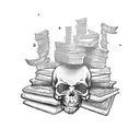 A tattoo design featuring a stack of books with intricate details and a mysterious skull hidden among them tattoo design idea