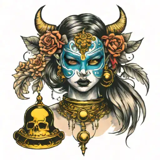 girl with a mask and bells tattoo design idea