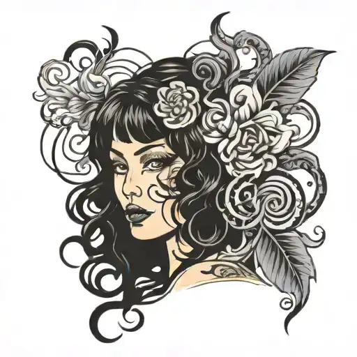 long curly black hair tattoo design idea